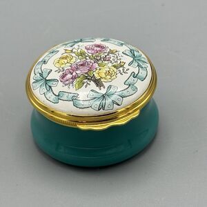 Vtg Halcyon Days Enamels Teal Floral Blue Ribbon Hinged Trinket Pill Box England